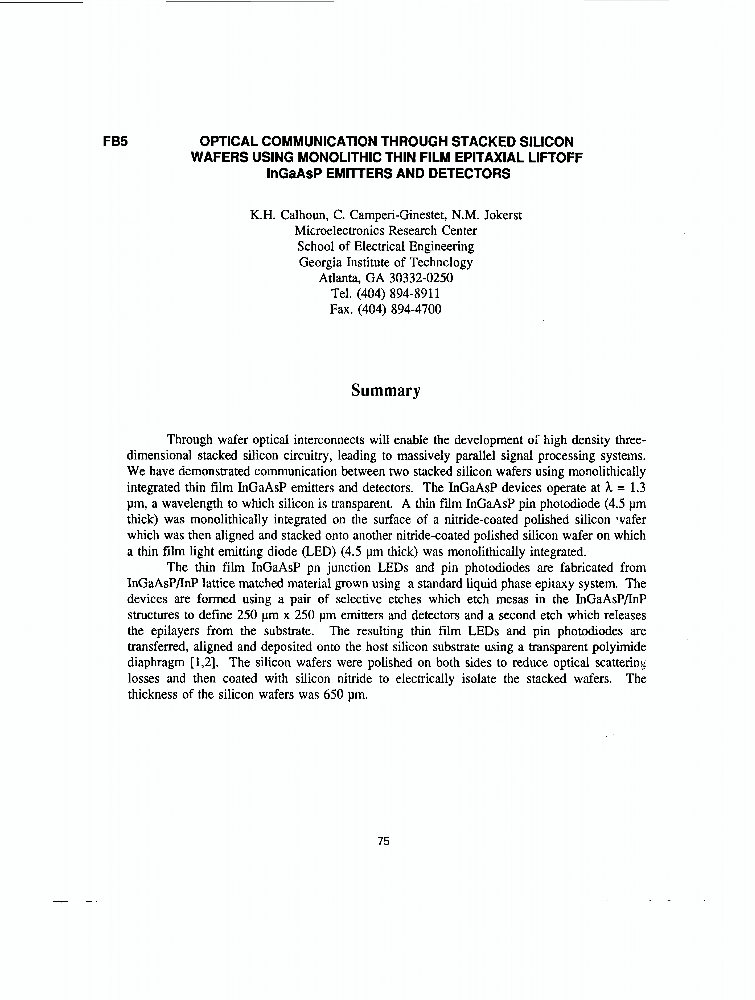 Optical Communication Through Stacked Silicon Wafers Using Monolithic