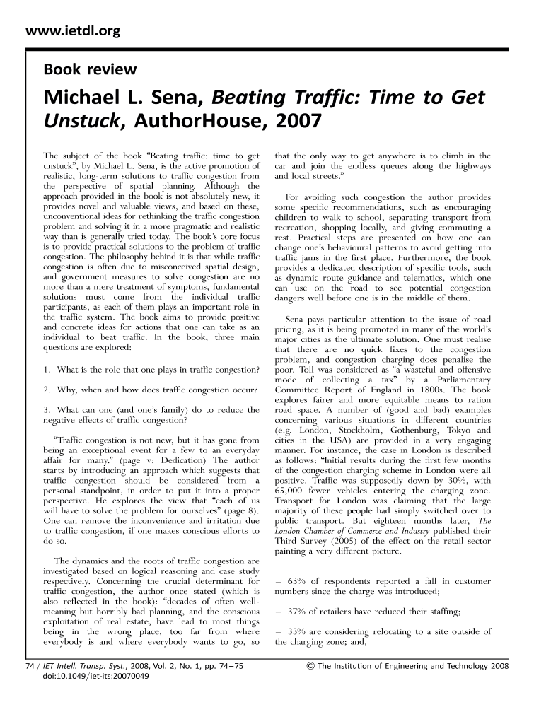 Beating Traffic: Time to Get Unstuck Michael L. Sena