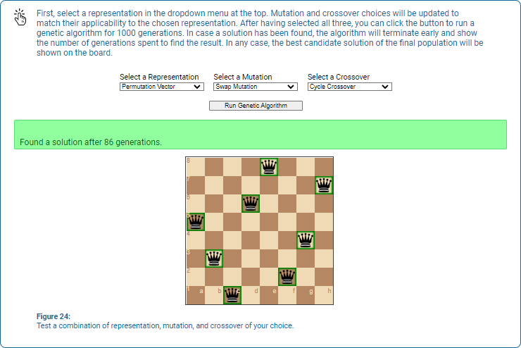 Screenshot of an online tool that uses algorithms to solve the 8 queen problem