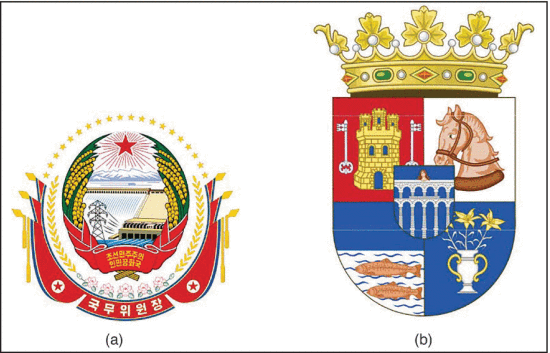 Figure 3. - Two regional emblems, showcasing public infrastructure of different eras. (a) Emblem of North Korean, which depicts the Sup’ung hydroelectric dam and its attending high voltage transmission tower. Drawn by Sshu94 CC-BY-SA 4.0. (b) Emblem of the Province of Segovia in Spain, which includes the famous Roman aquaduct. Drawn by Heralder CC-BY-SA 4.0.