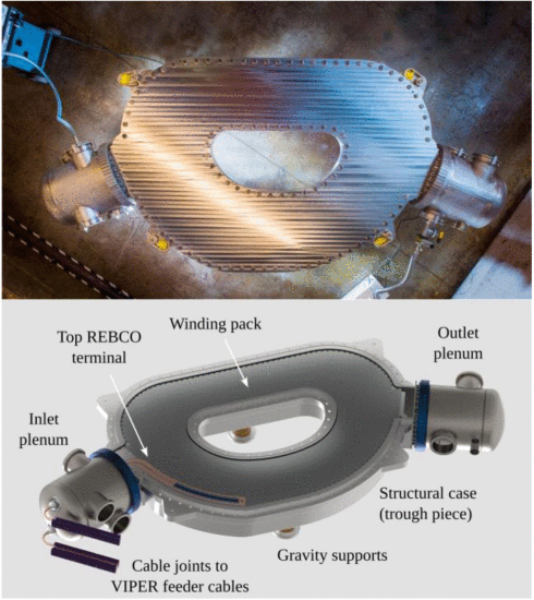 Fig. 1. - Top-down view of the completed TFMC ready for initial experimental testing (top) accompanied by a CAD rendering highlighting key features of the magnet (bottom).