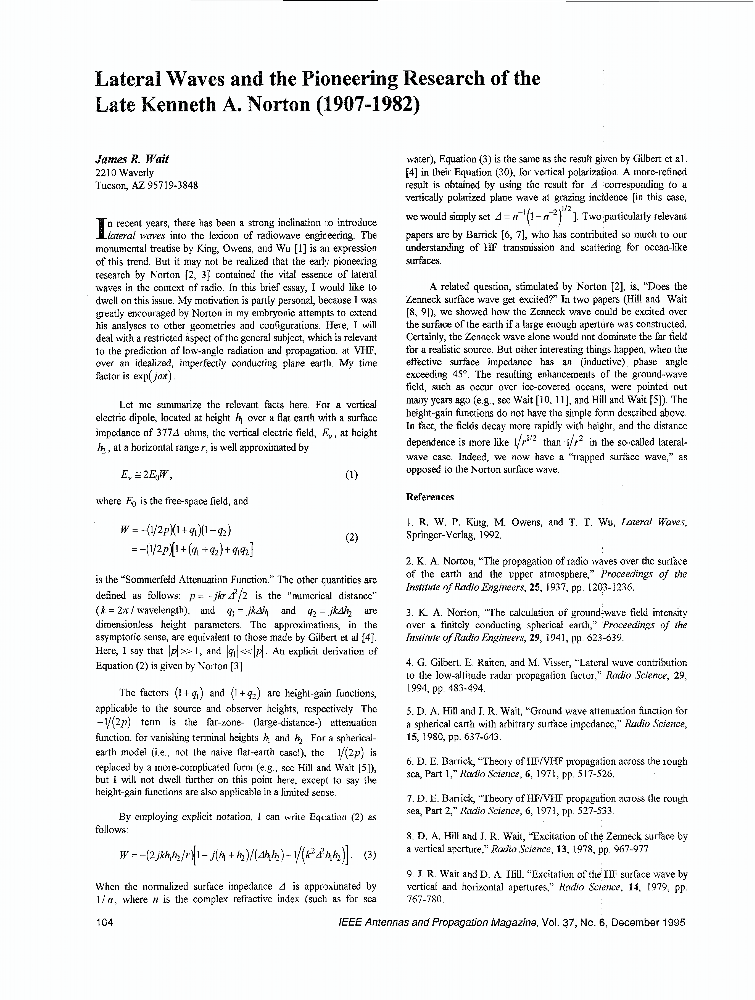 Lateral Waves and the Pioneering Research of the Late Kenneth A