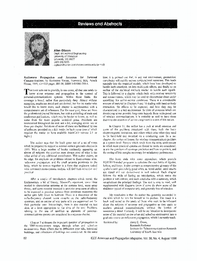 Radiowave Propagation and Antennas for Personal Communications [Reviews