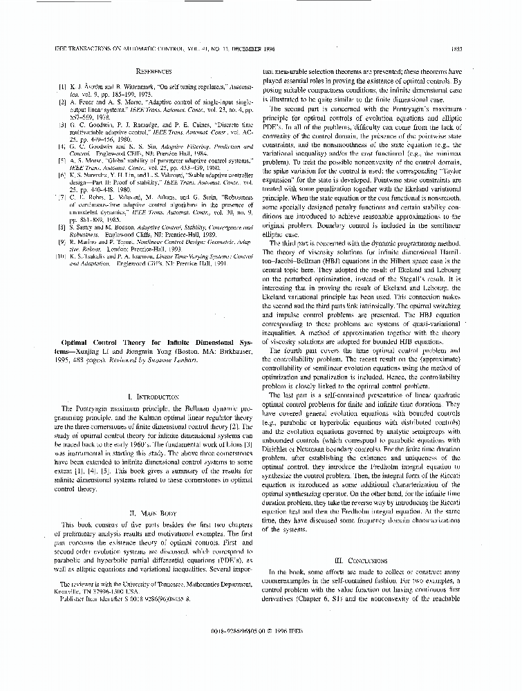 Optimal Control Theory for Infinite Dimensional Systems [Book Review