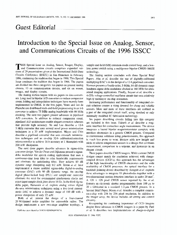 Introduction to the Special Issue on Analog, Sensor, and Communications