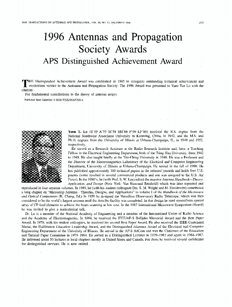 1996 Antennas and Propagation Society Awards APS Distinguished
