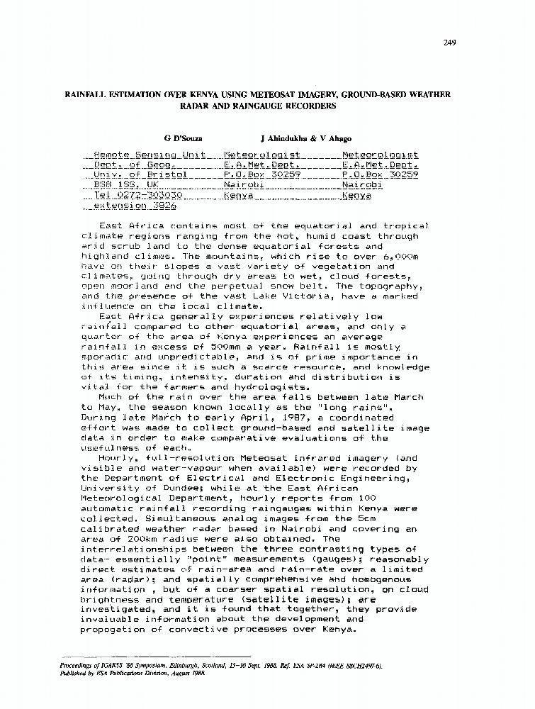 Rainfall Estimation Over Kenya Using Meteosat Imagery, Groundbased