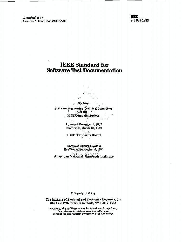 829 1983 IEEE Standard For Software Test Documentation IEEE 