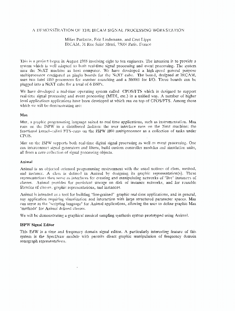 A Demonstration of The Ircam Signal Processing Workstation IEEE