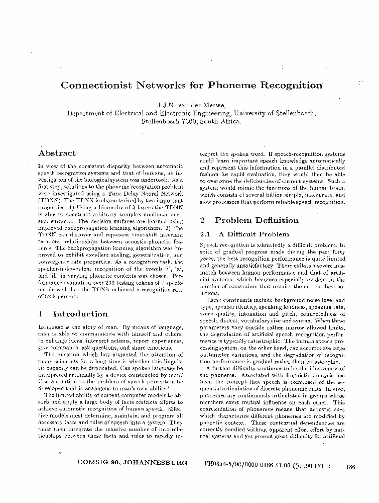 Connect ionist Networks for Phoneme Recognition IEEE Conference