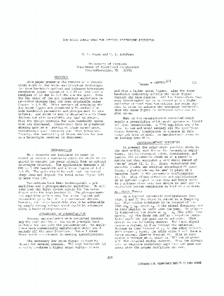 Low Noise Amplifiers For optical Heterodyne Receivers IEEE Conference