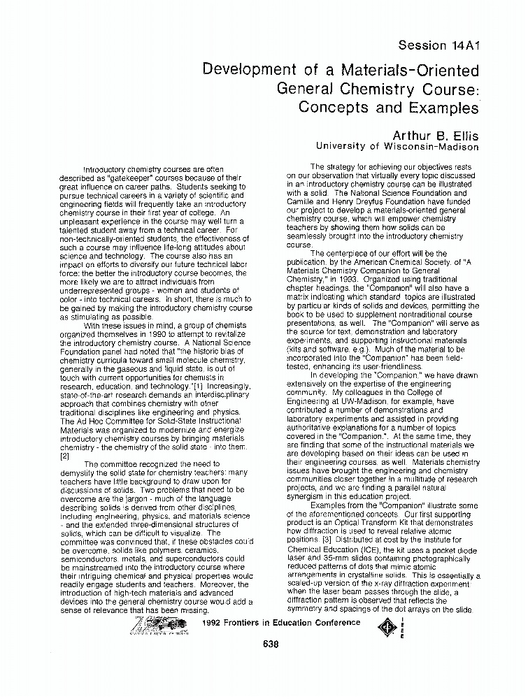 Development of a MaterialsOriented General Chemistry Course Concepts