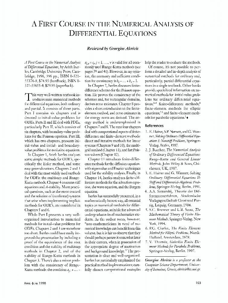 A First Course In The Numerical Analysis Of Differential Equations [Book News & Reviews] IEEE