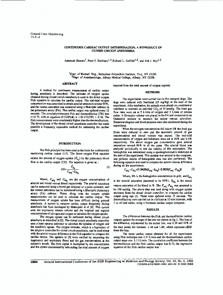 Continuous Cardiac Output Determination A Byproduct Of Closed Circuit