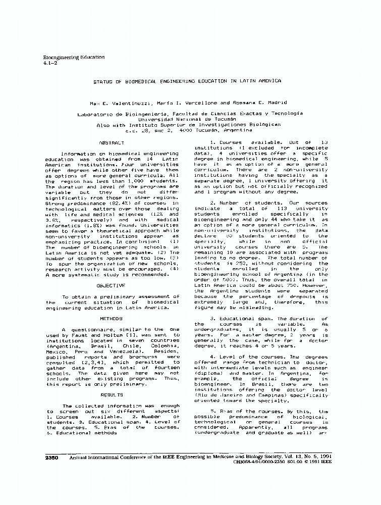 Status Of Biomedical Engineering Education In Latin America IEEE