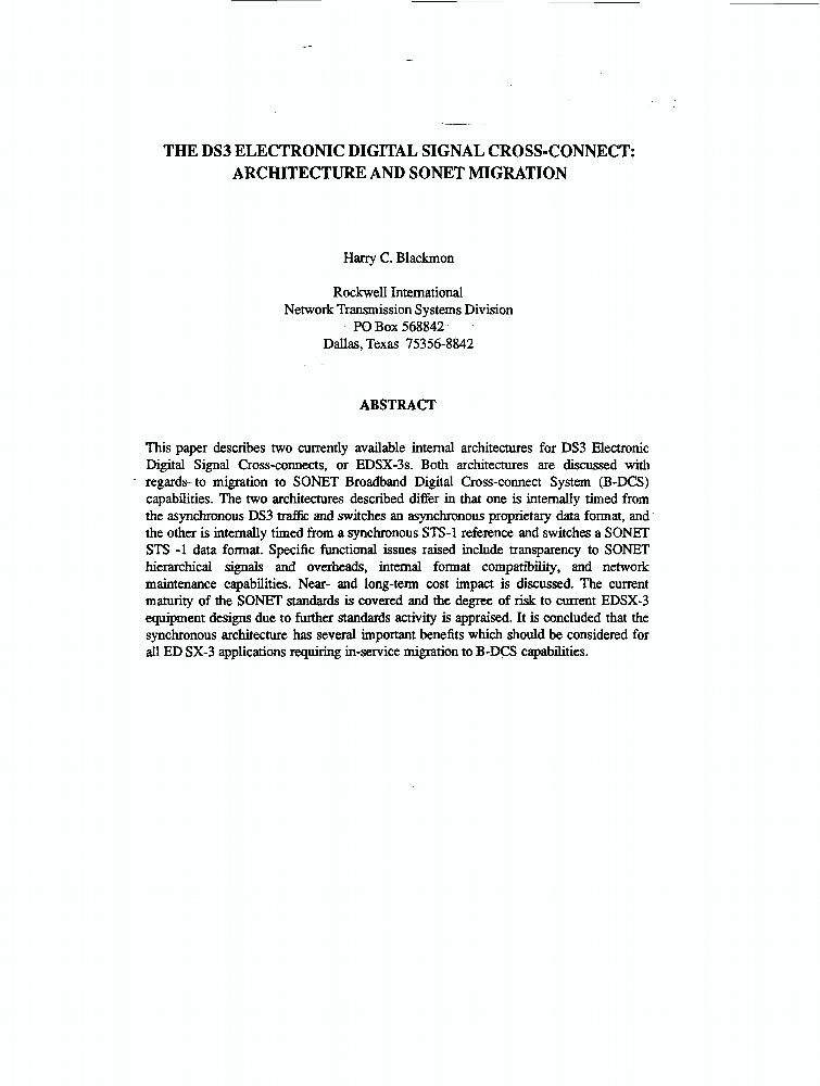 The DS3 Electronic Digital Signal Crossconnect Architecture And