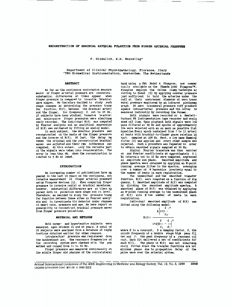 Reconstruction Of Brachial Arterial Pulsation From Finger Arterial 