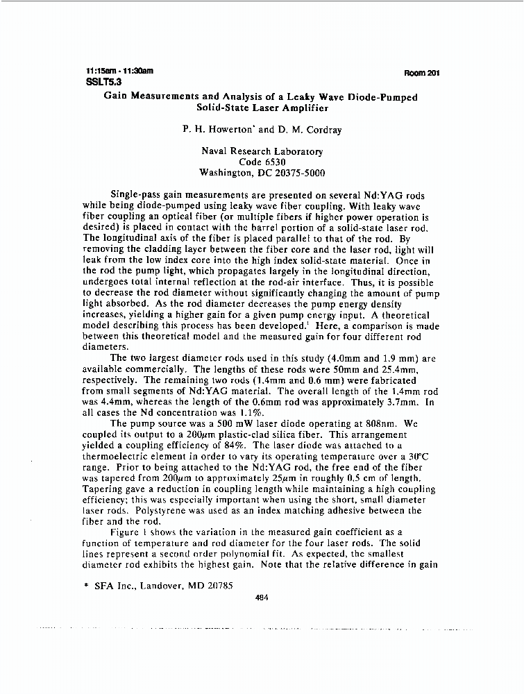 Gain Measurements And Analysis Of A Leaky Wave Diodepumped Solidstate