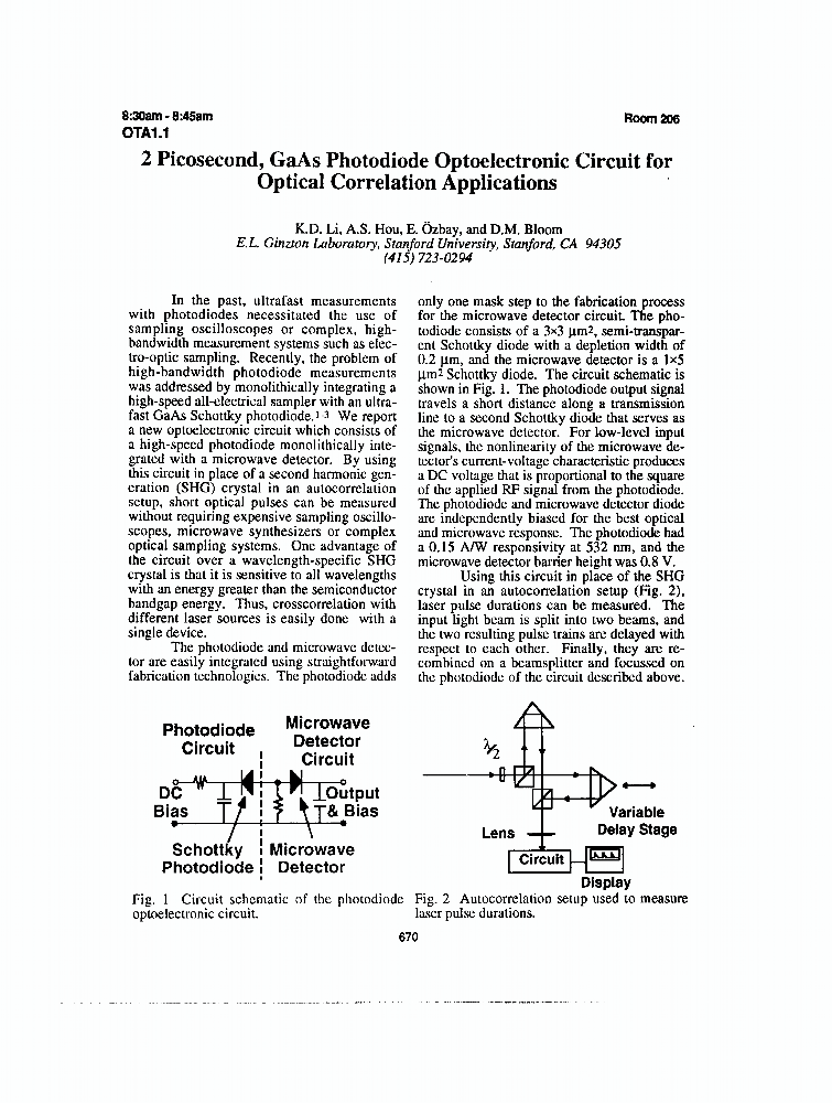 2 Picosecond, GaAs Photodiode Optoelectronic Circuit For Optical