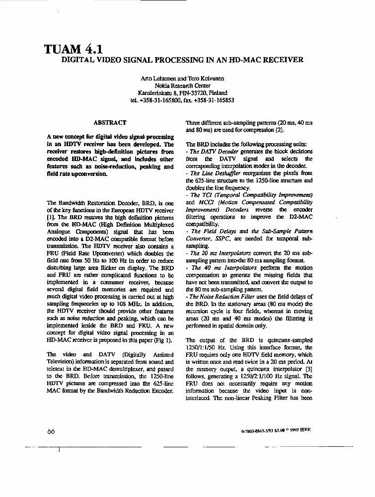 Digital Video Signal Processing In An HDMAC Receiver IEEE Conference