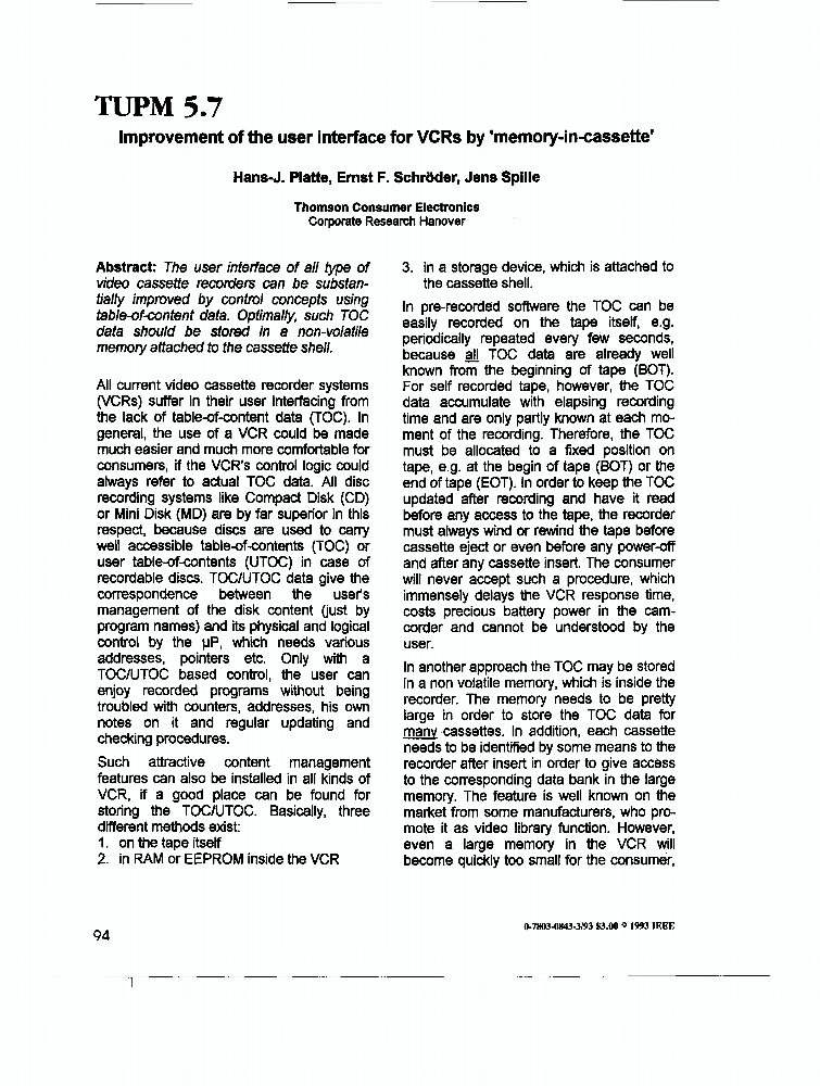 Improvement Of The User Interface For VCRs By 'memoryincassette