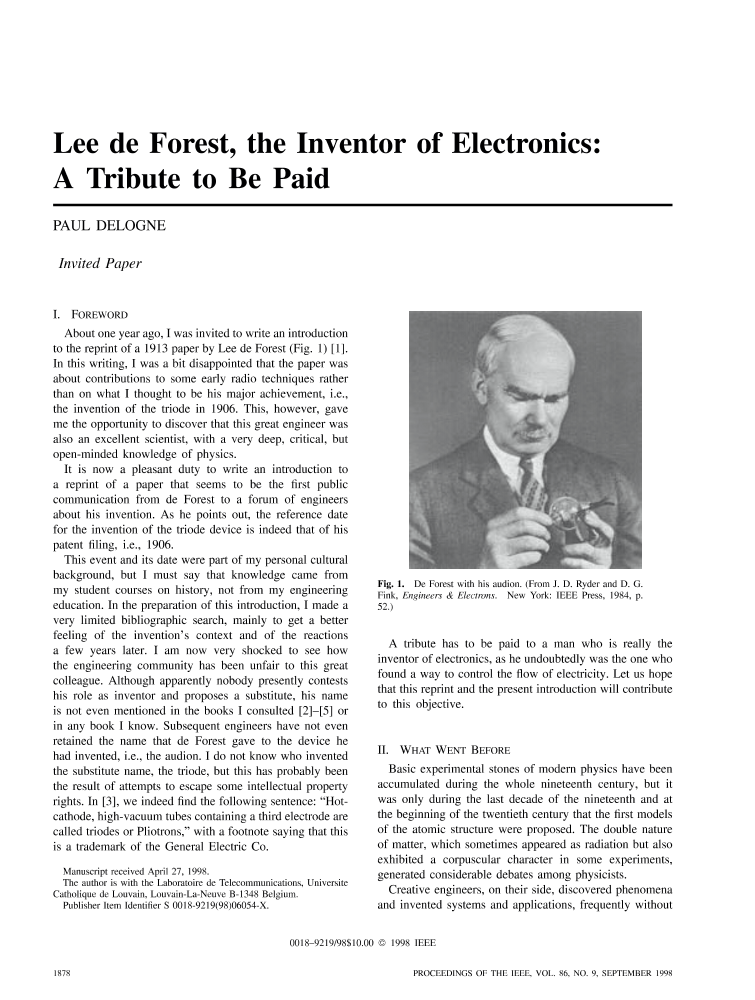 Lee De Forest, The Inventor Of Electronics: A Tribute To Be Paid | IEEE  Journals & Magazine | IEEE Xplore