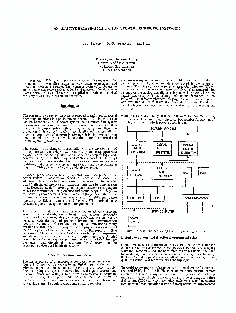 An Adaptive Relaying System For A Power Distribution Network IEEE