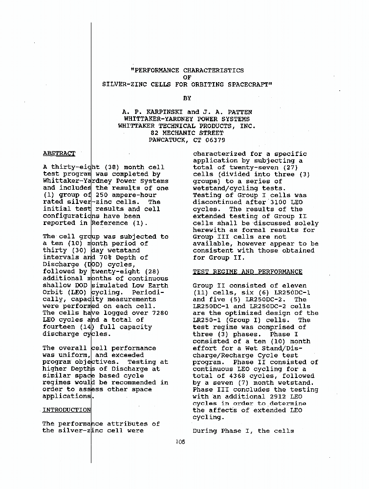 "Performance Characteristics Of Silverzinc Cells For Orbiting