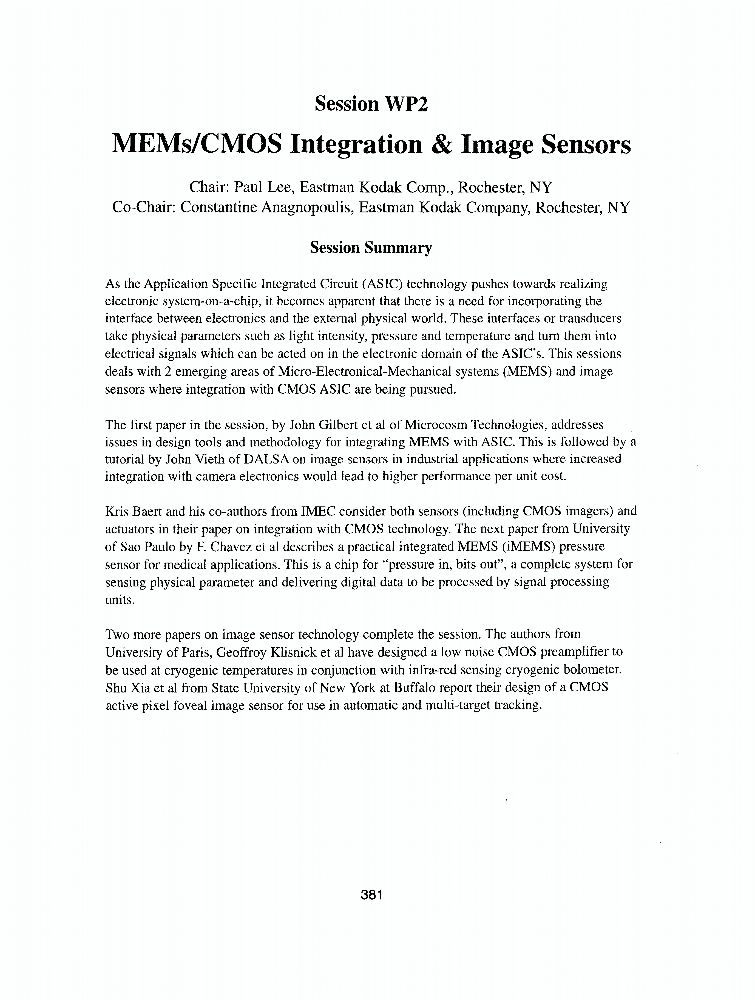 Mems/cmos Integration & Image Sensors IEEE Conference Publication