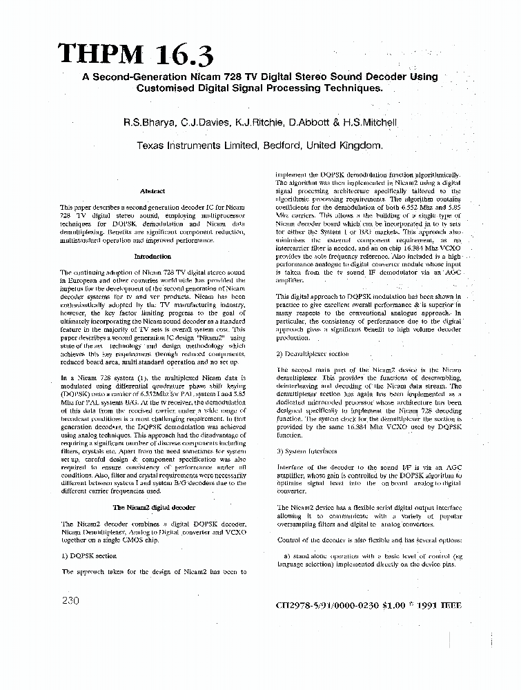 A Secondgeneration Nicam 728 TV Digital Stereo Sound Decoder Using