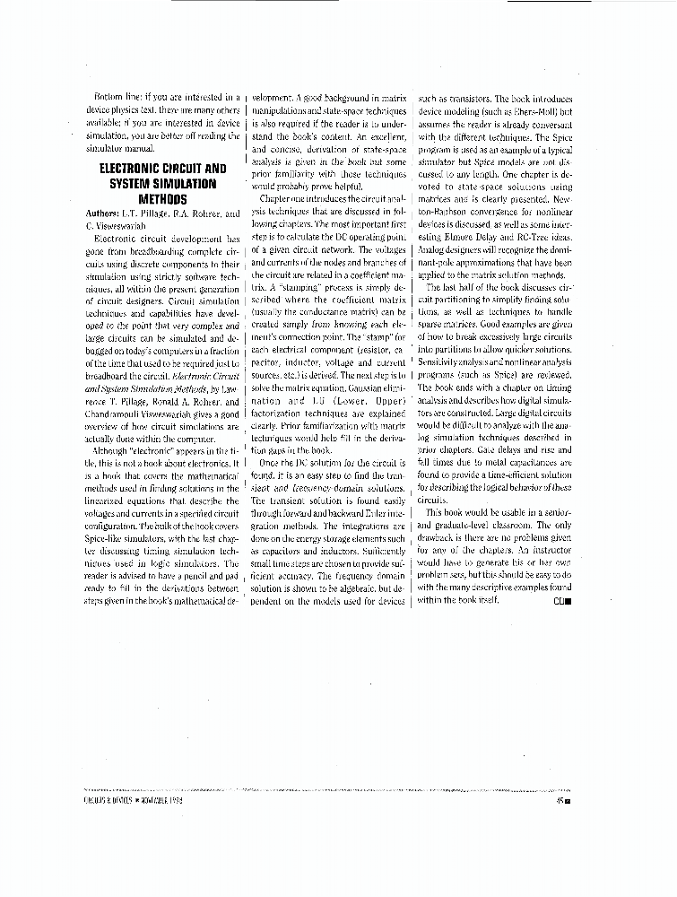 Electronic Circuit and System Simulation Methods [Book Reviews] IEEE