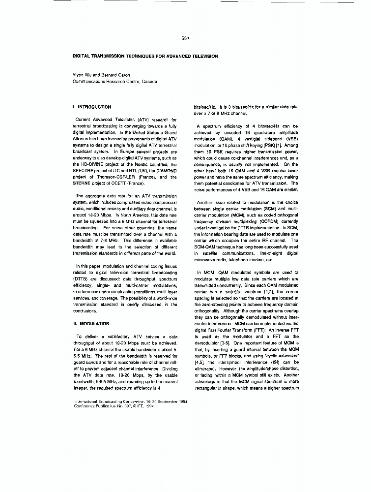 Digital transmission techniques for advanced television IET