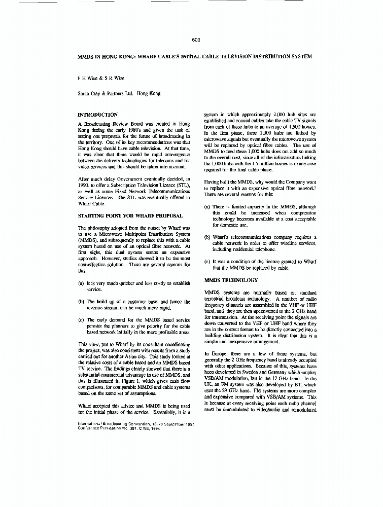MMDS in Hong Kong wharf cable's initial cable television distribution system IET Conference