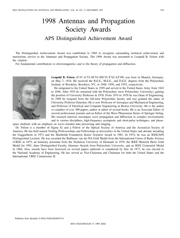 1998 Antennas And Propagation Society Awards APS Distinguished