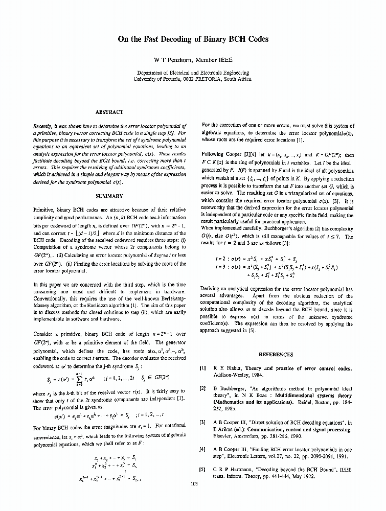 On the Fast Decoding of Binary Bch Codes IEEE Conference Publication