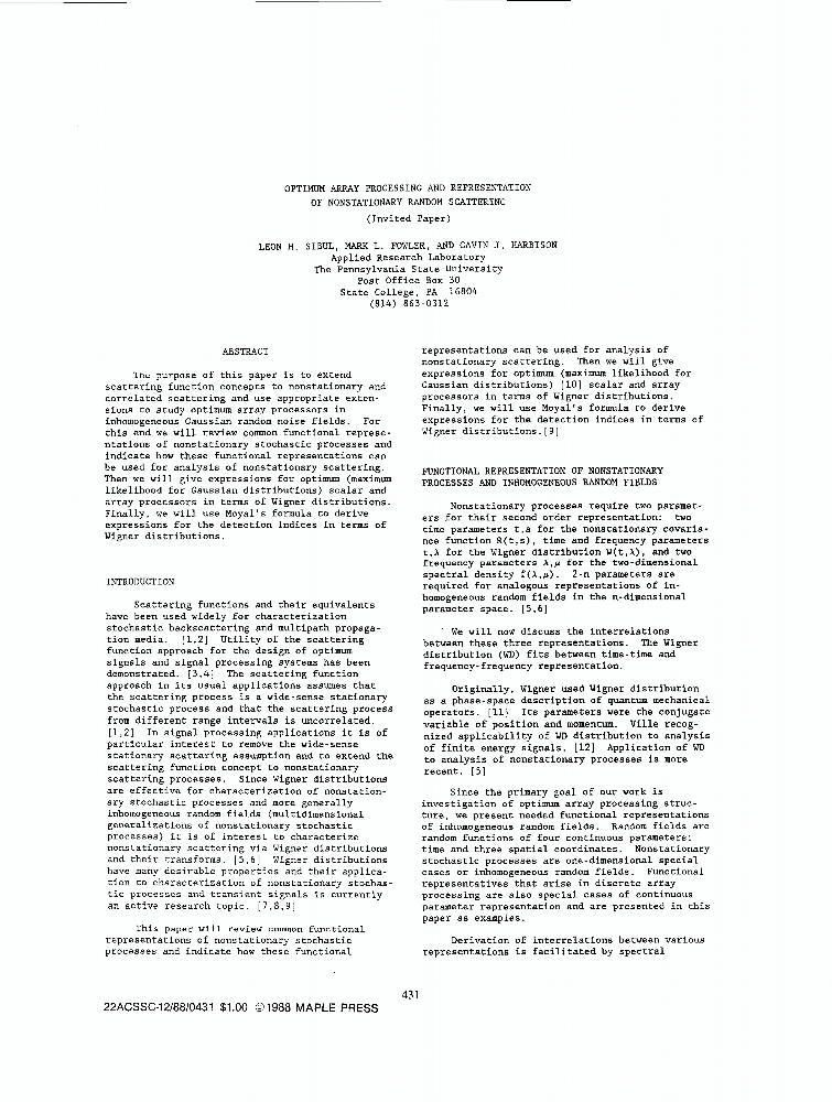 Optimum Array Processing And Representation Of Nonstationary Random