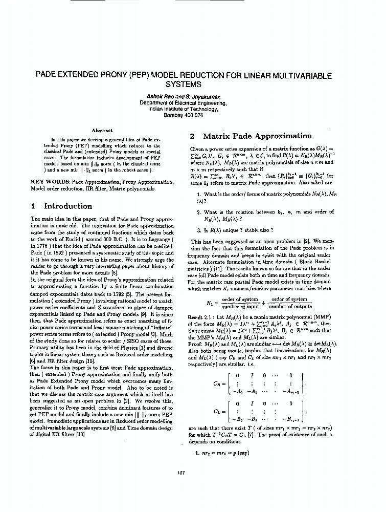 Pade Extended Prony Pep Model Reduction For Linear Multivariable Systems Ieee Conference Publication Ieee Xplore