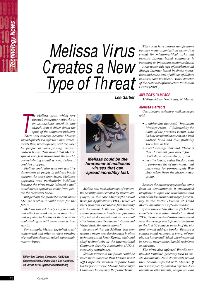 Melissa Virus Creates a New Type of Threat | IEEE Journals & Magazine |  IEEE Xplore