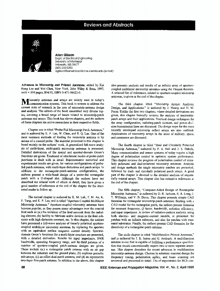 Advances in microstrip and printed antennas [Reviews and Abstracts