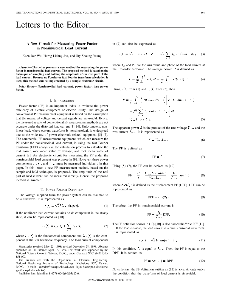 A new circuit for measuring power factor in nonsinusoidal load current IEEE Journals