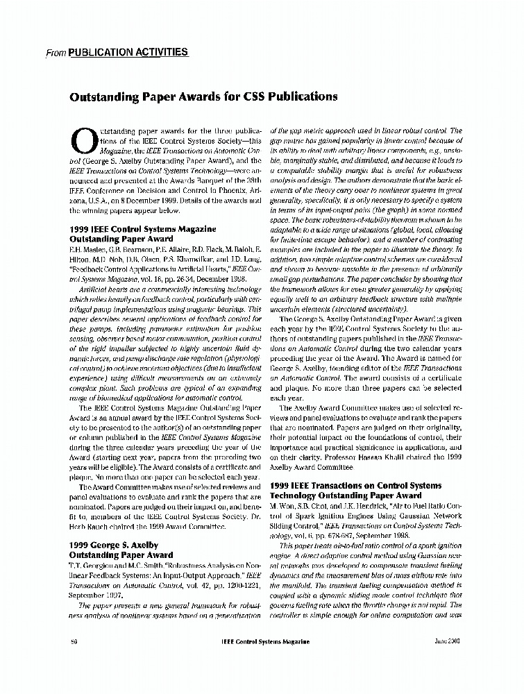 Outstanding paper awards for CSS publications IEEE Journals