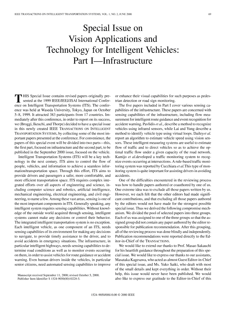 Special issue on vision applications and technology for intelligent