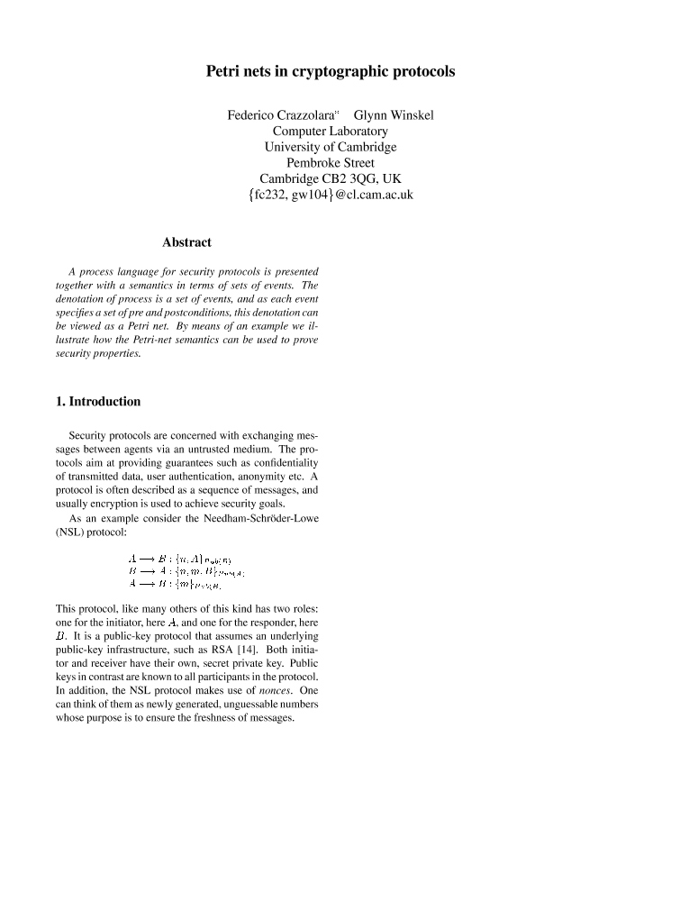 Petri nets in cryptographic protocols IEEE Conference Publication