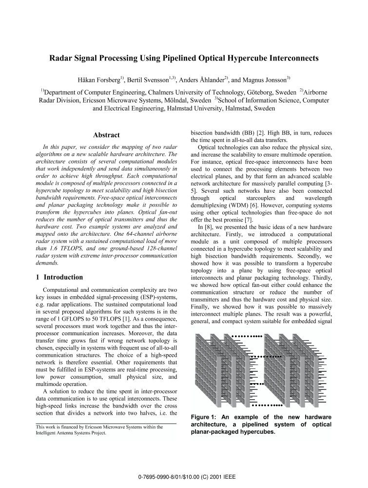 Radar signal processing using pipelined optical hypercube interconnects