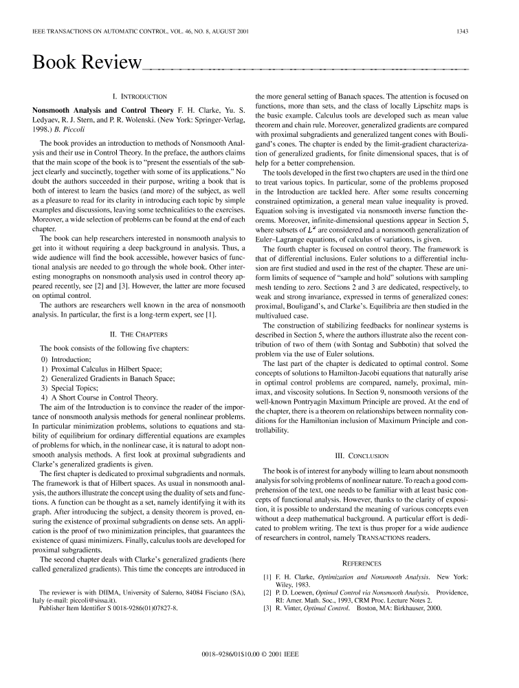 Nonsmooth analysis and control theory [Book Review] IEEE Journals
