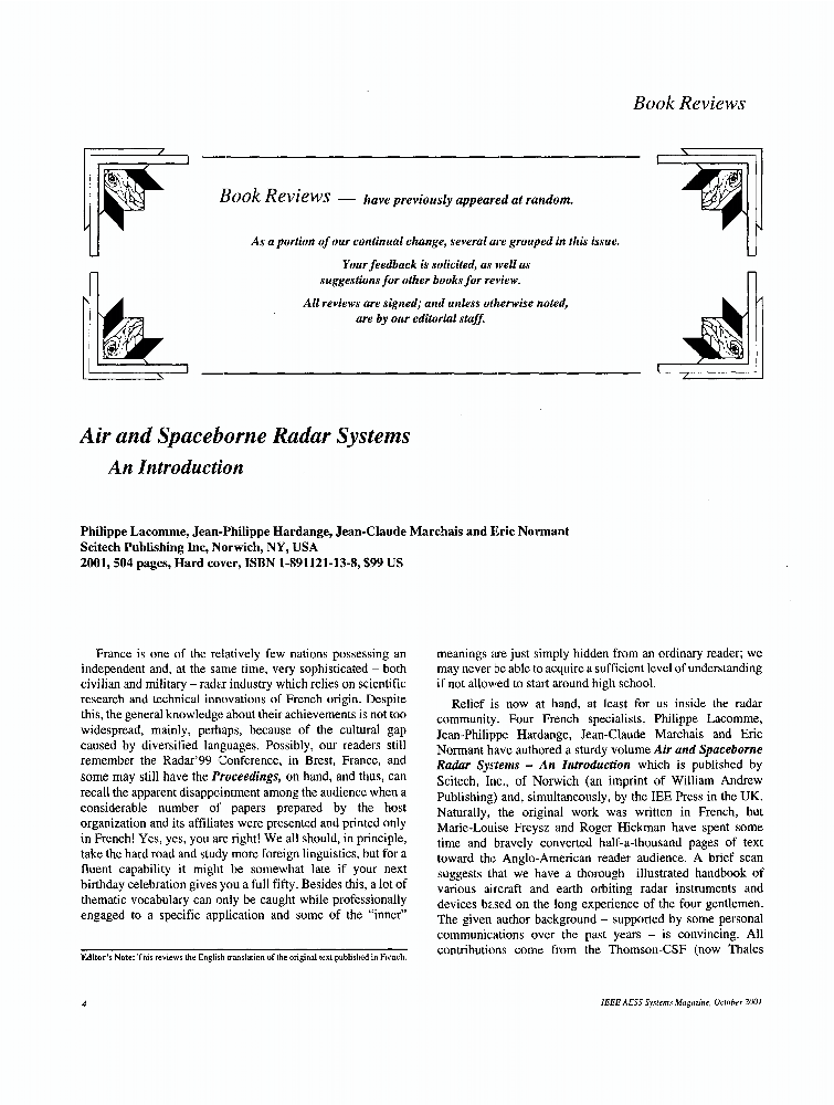 Air and spaceborne radar systems an introduction [Book Review] IEEE Journals & Magazine IEEE