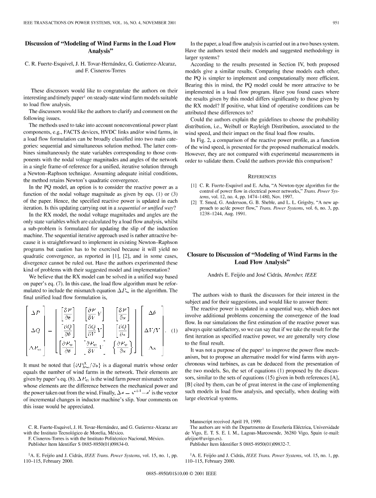 Closure to discussion of "modeling of wind farms in the load flow