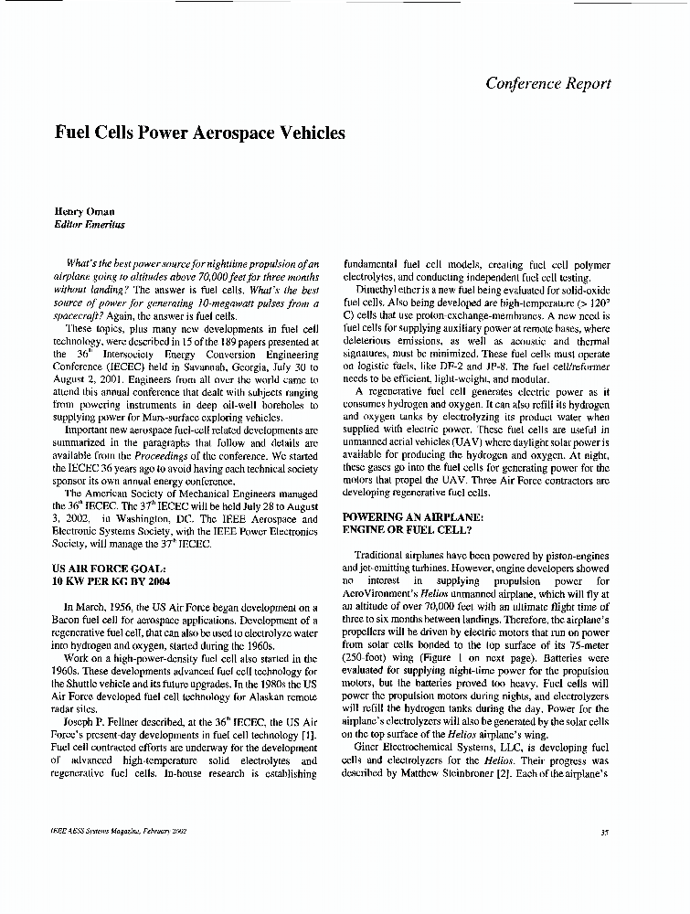 Fuel cells power aerospace vehicles IEEE Journals & Magazine IEEE