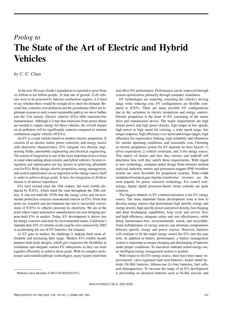 The state of the art of electric and hybrid vehicles [Prolog] IEEE
