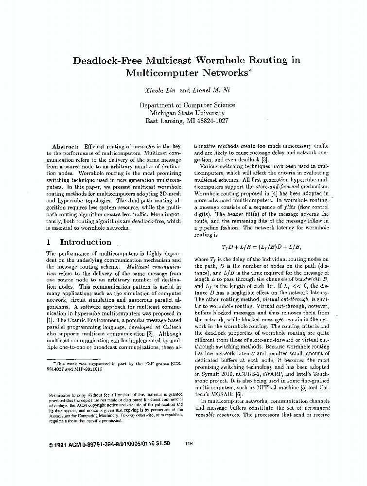 Deadlockfyee multicast wormhole routing in networks